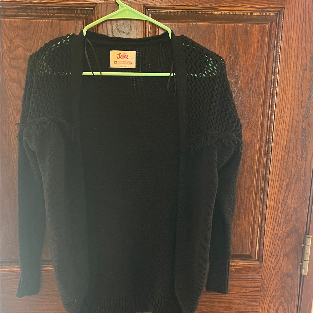 Justice Black Open-Front Crochet Yoke Cardigan
